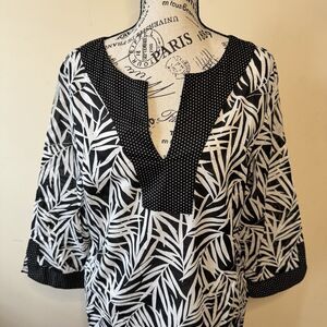 Talbots Palm Leaf Cotton Split Neck 3/4 Sleeve Dress Size 12 Black White CN4934